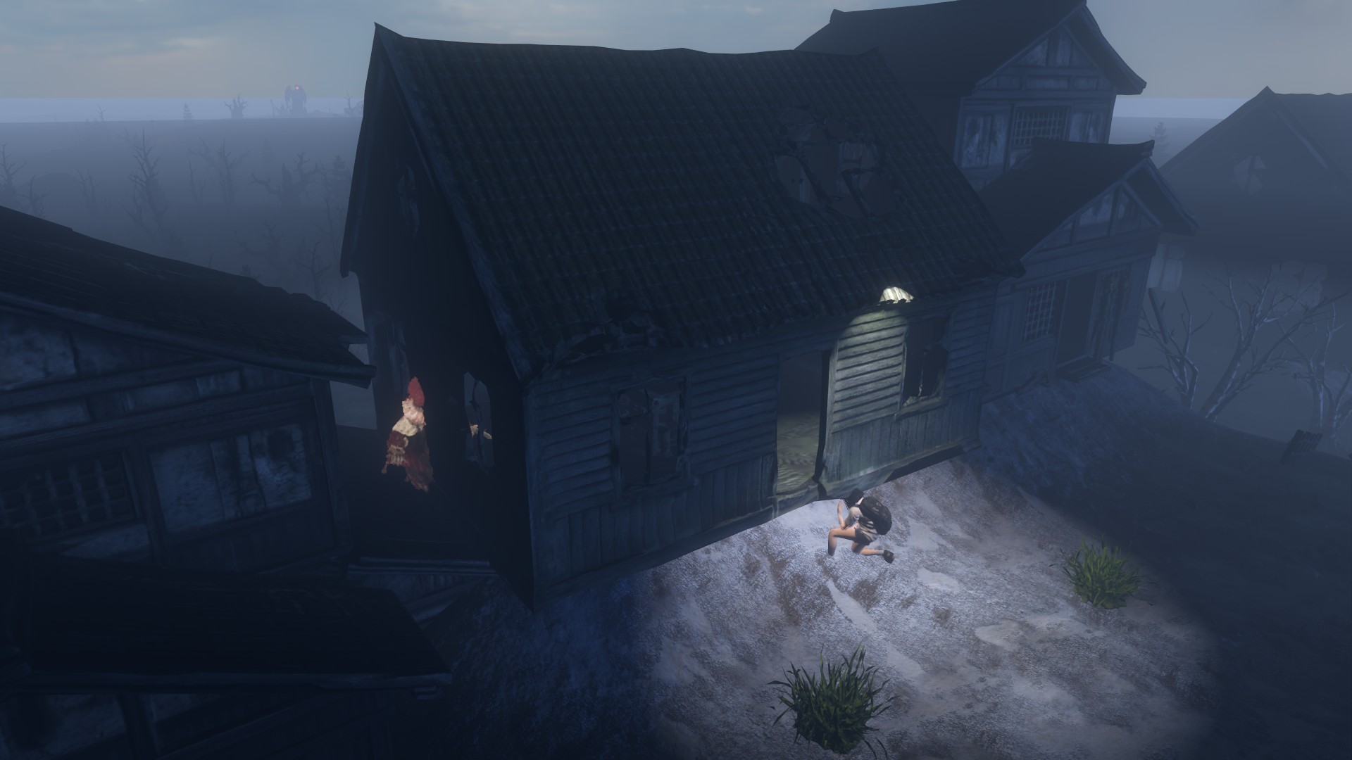 Kuma searches a fog-drowned abandoned village at night